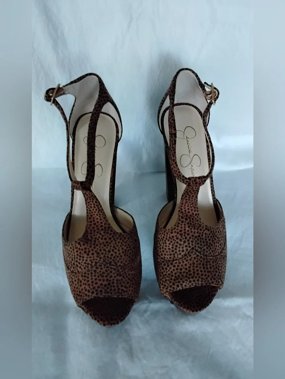 Jessica Simpson Dany Brown Leopard-Print Platform T-Strap Heels